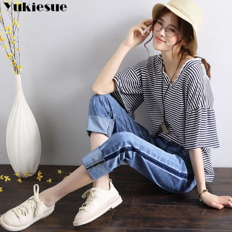 Джинсы женские с завышенной талией брюки Капри из денима широкими штанинами