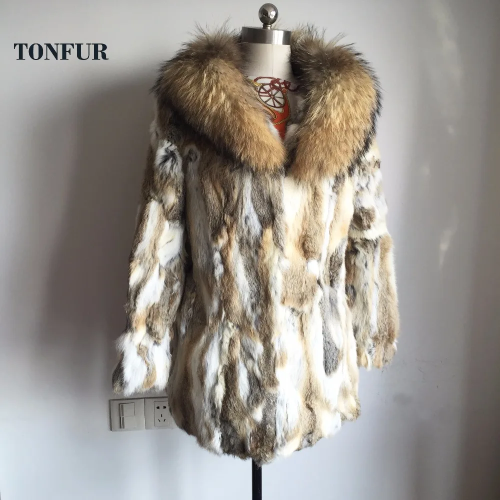 Пальто из 100% натурального кроличьего меха с воротником енота теплое Брендовое