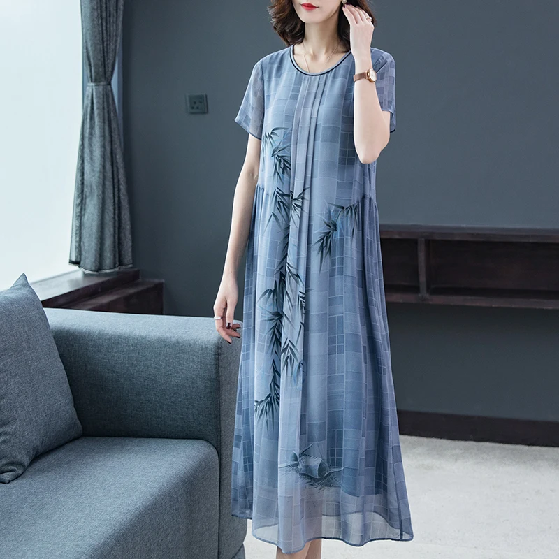 Синее шелковое платье размера плюс большого для женщин высококачественное