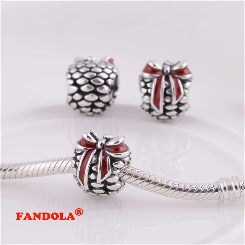 Подходит для Pandora очаровательные браслеты бусины из сосны с красной эмалью 925