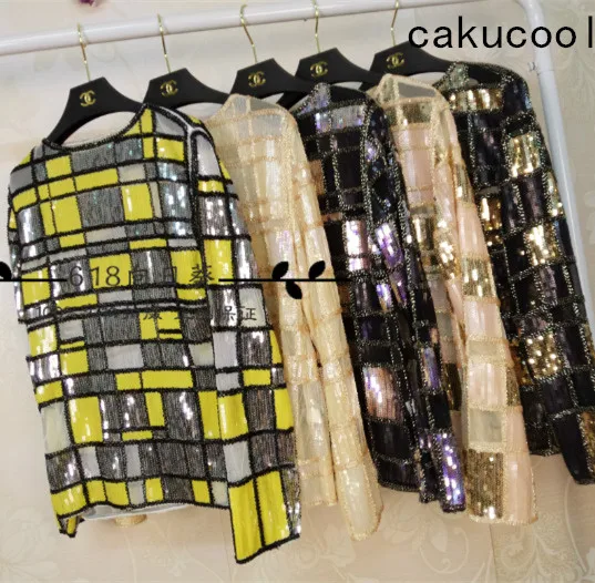Cakucool, женская блузка с блестками, топы, сетчатые блузы, с длинным рукавом, в клетку, расшитые бисером, золотые, серебряные, прозрачные, для девушек, Подиумные блузки, рубашки