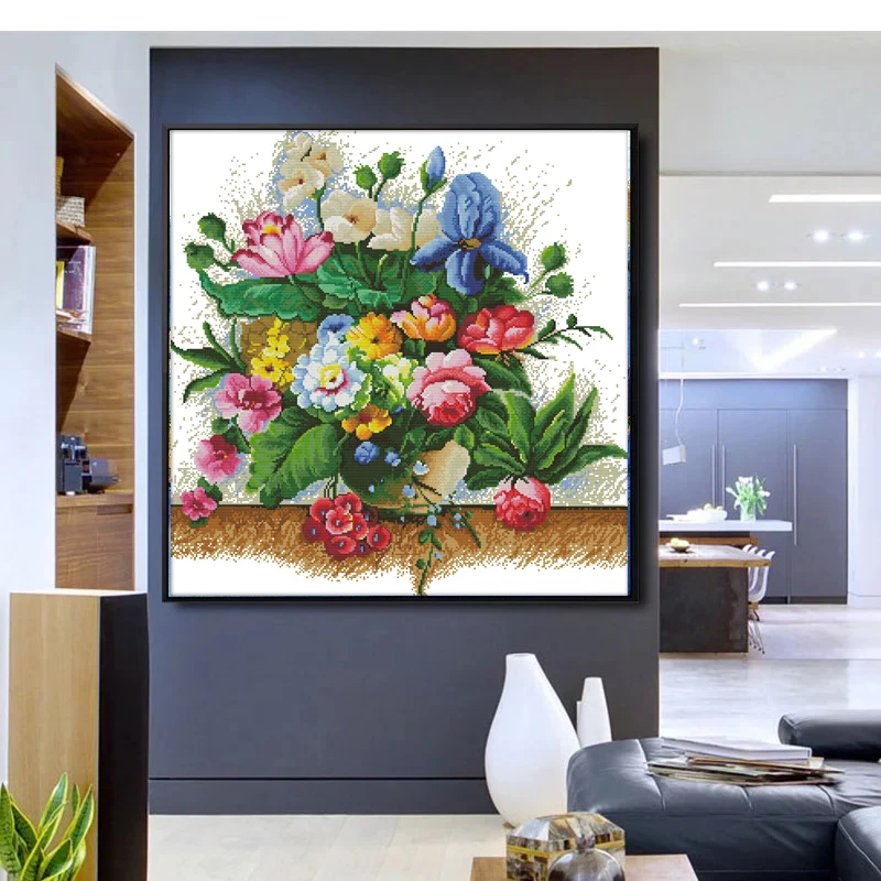 

Flowers blooming Floral Cross Stitch set Canvas 11CT Fabric 14CT DMC Embroidery Needlework Printing pattern Cross-stitch Kit