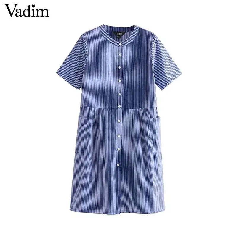 Вадим Женские винтажные полосатый платье до колен карманы кнопки с коротким