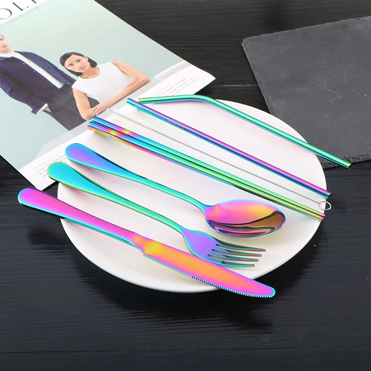 7 шт./компл. Набор ножей с вилкой и ложкой из металлической соломы многоразовые