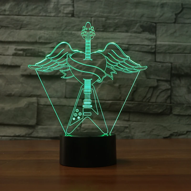 Красочные 3D USB Ночной светильник в форме сердца с крыльями ангела гитары литье