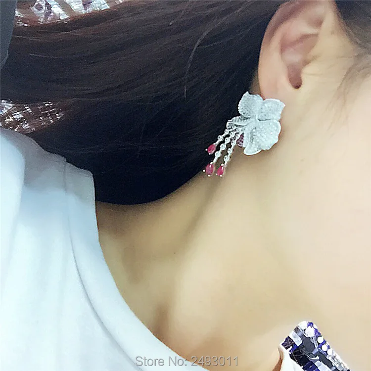 High quality new designer fashion red 3A zirconia crystal flower stud earrings white-gold-color brincos copper jewelry for women | Украшения