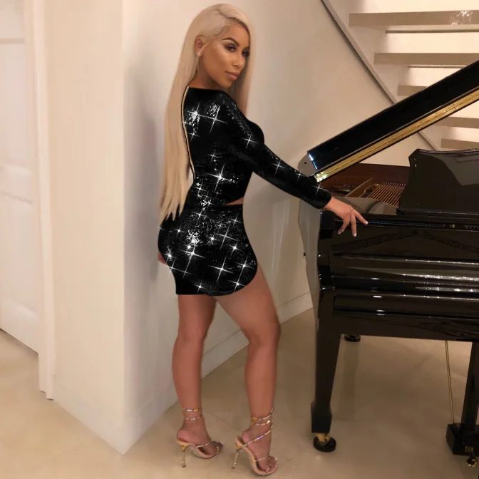 Блестящий вечерний сексуальный женский комплект из 2 предметов с длинным рукавом