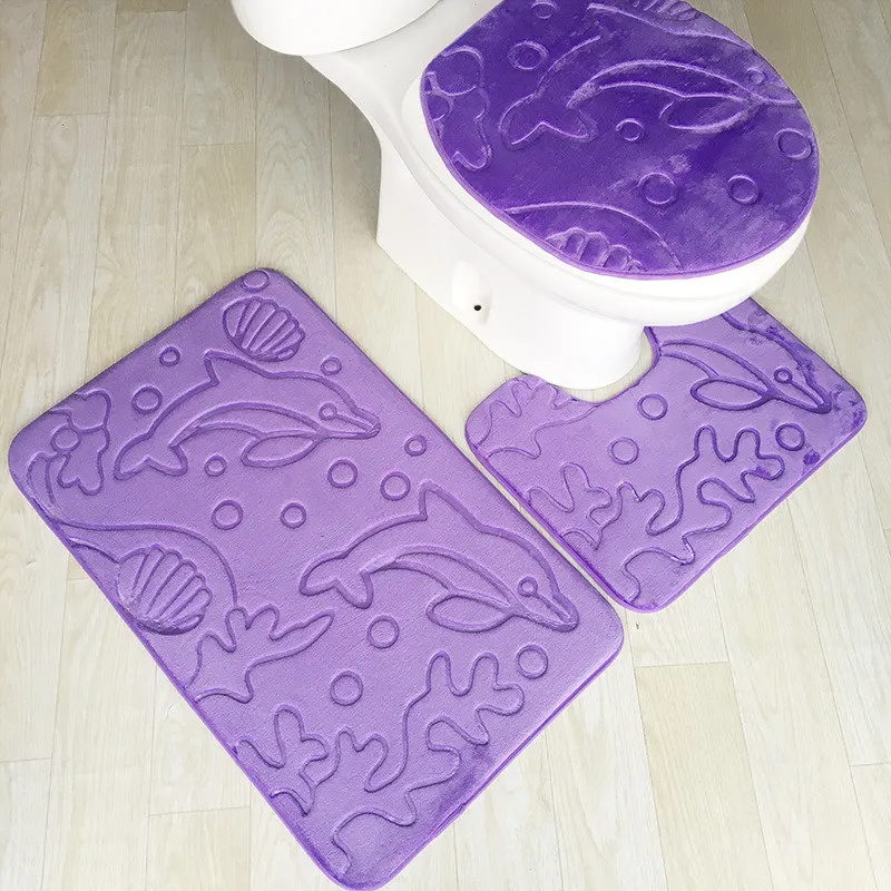 Dolphin Purple Три предмета впитывающие водонепроницаемые фланелевые Коврики для пола рельефный коврик для ванной комнаты коралловый флис напольные коврики для ванной моющиеся - Цвет: Dolphin Purple