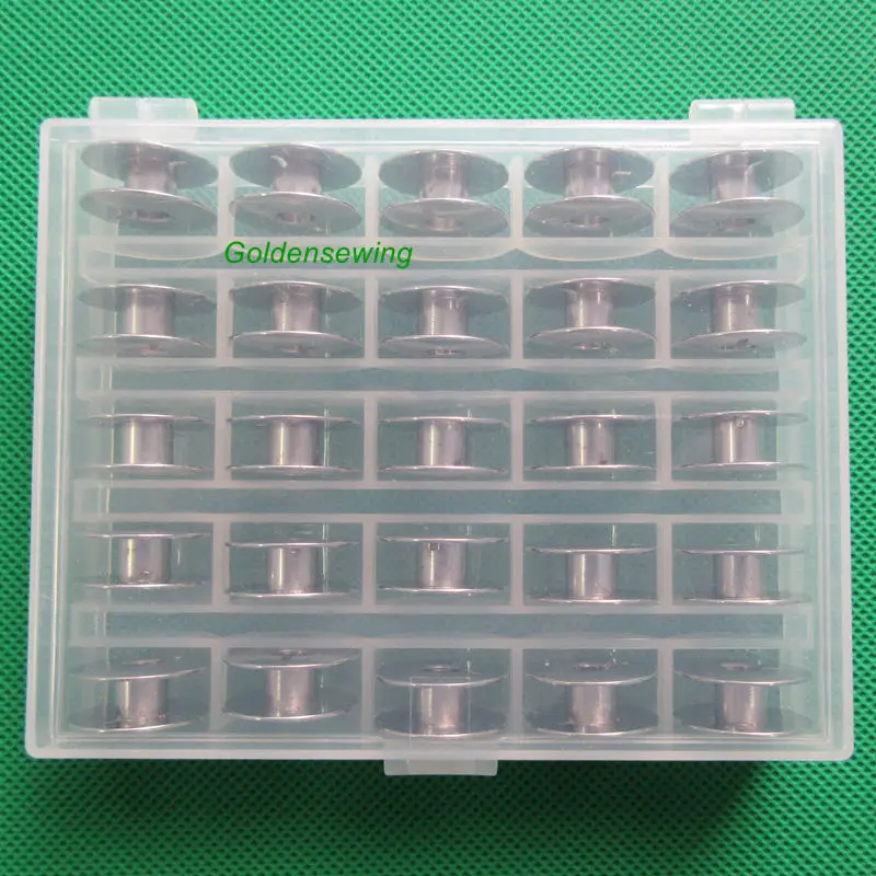 

BOBBIN BOX WITH 25 "L" STYLE STEEL BOBBINS - JANOME BROTHER JUKI SINGER PFAFF