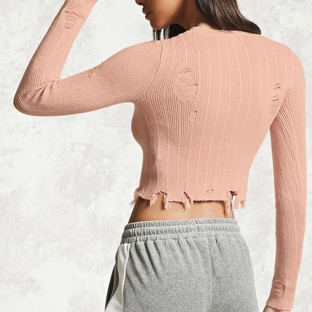 Женский облегающий короткий свитер с дырками однотонный трикотажный пуловер