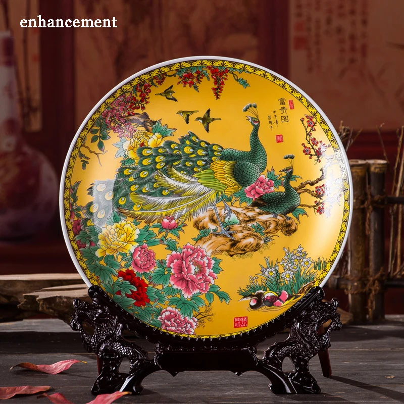 

Royal Chinese Style Home Decor Ceramic Ornamental Plate Chinese Decoration Plate Wood Base Porcelain Plate Wedding Gift