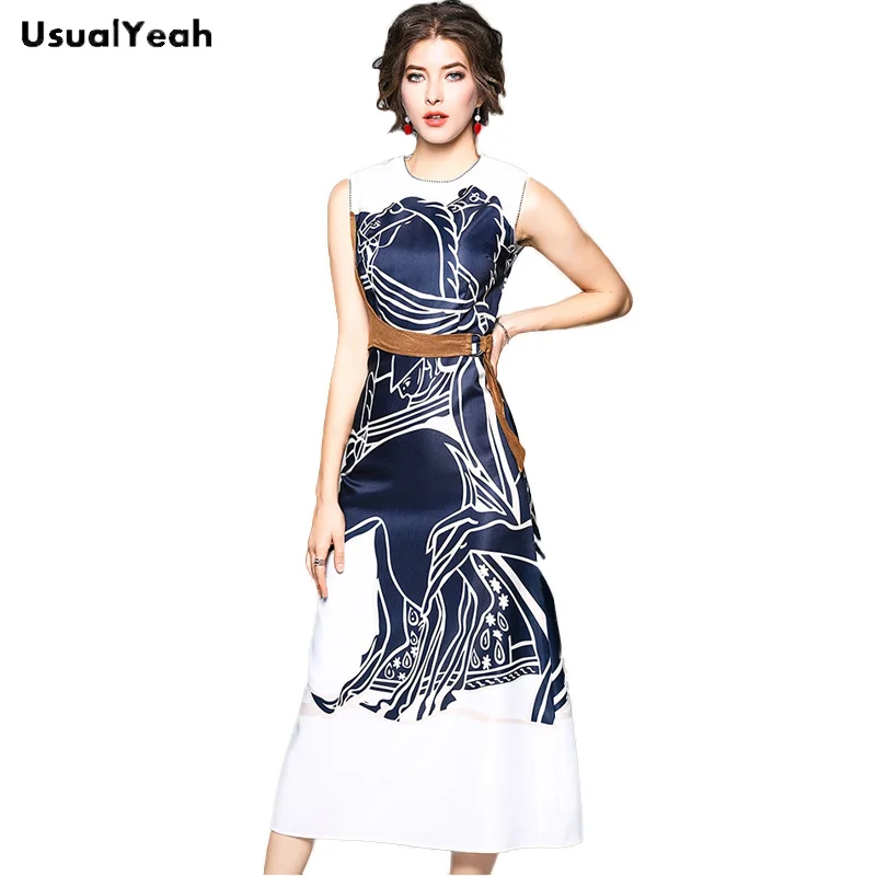 Платье женское длинное до середины икры без рукавов с принтом лошади|dress for|summer long