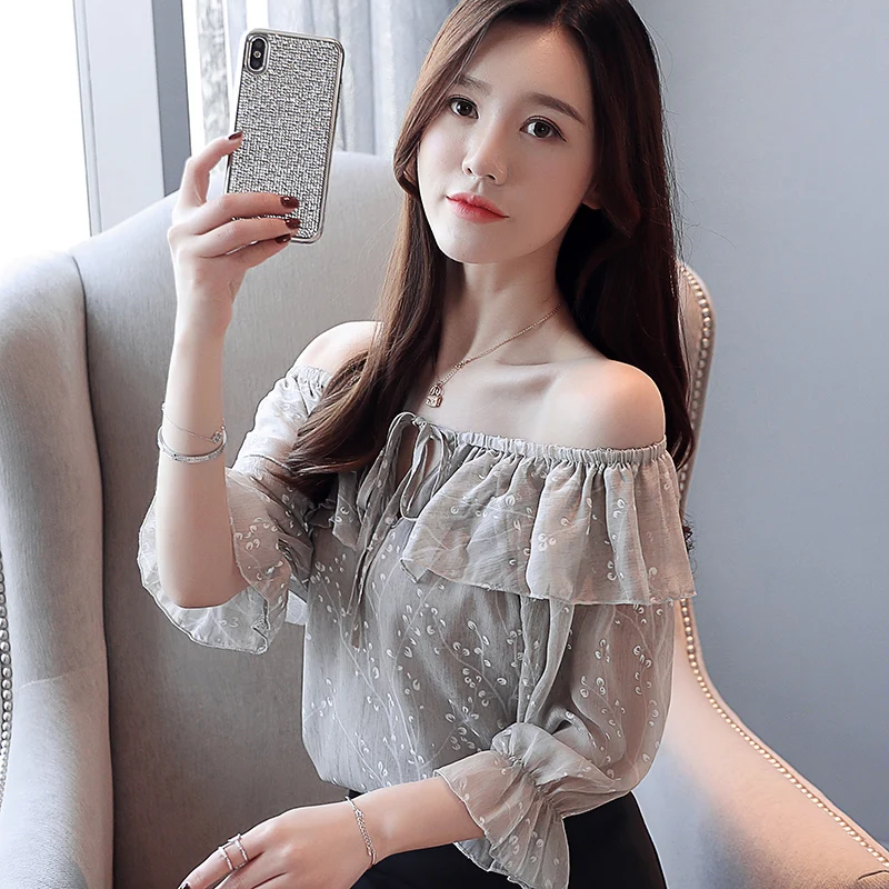 Plus Size Tops Women Long Sleeve Shirts and Blouses Slash Neck Floral Bow Blouse 3535 50 | Женская одежда