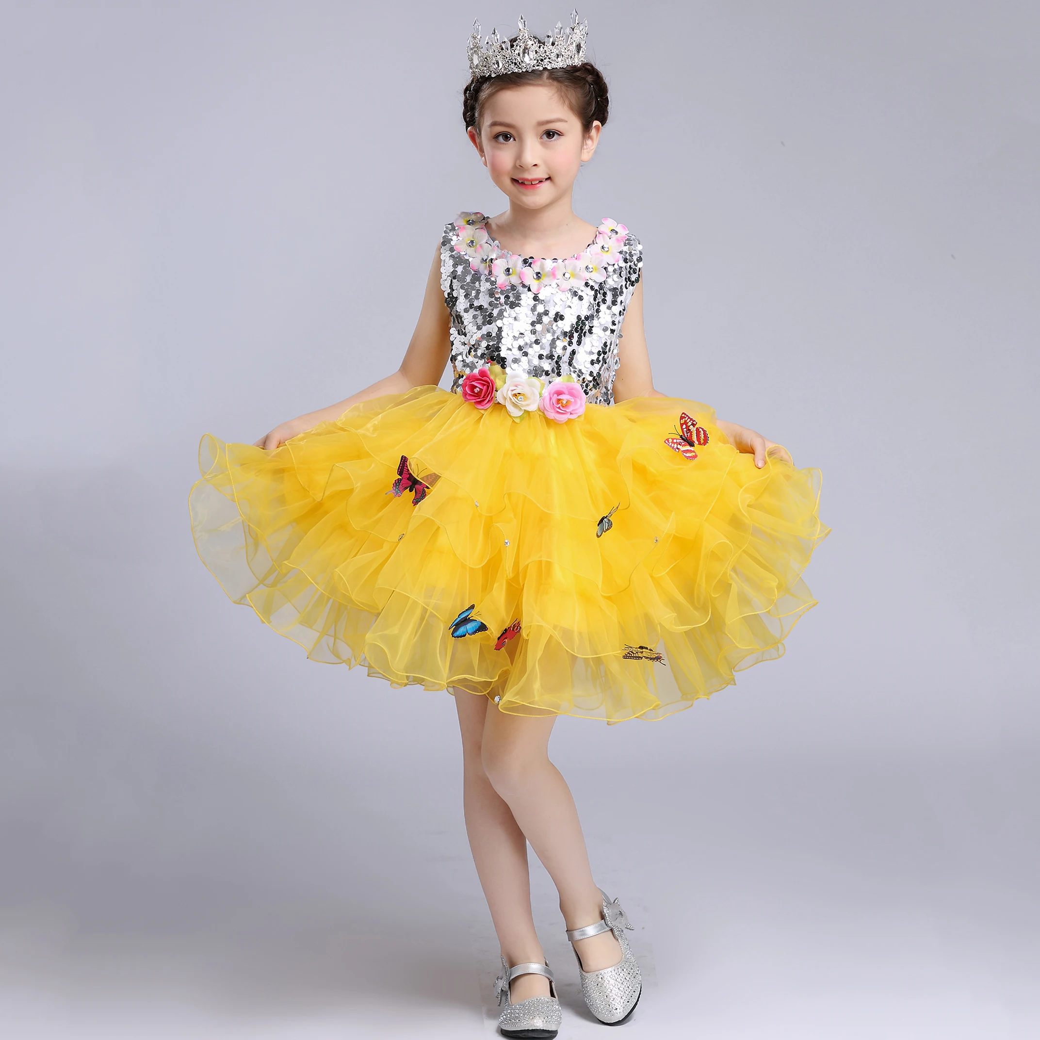 

Cute American Cocktail Kids Clothes Girl Princess Flower Hem Flower Neck Sequined Top Girls Short Pageant Dresses