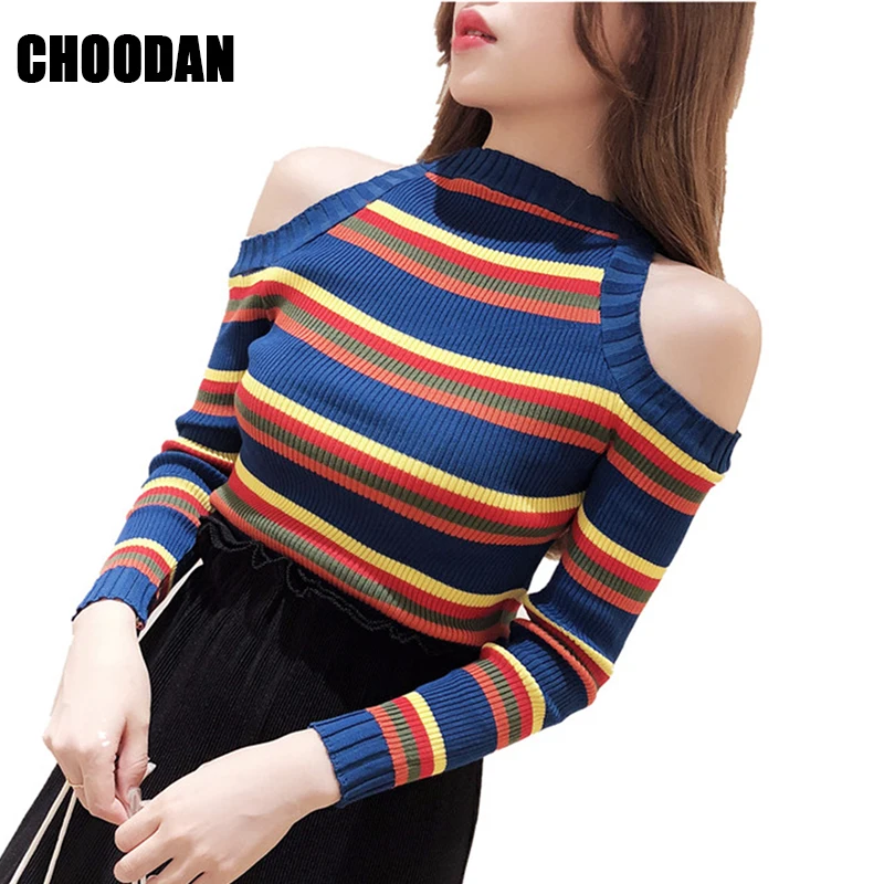 Knitting Sweater Women Sexy Off Shoulder Long Sleeve Autumn Winter Fashion 2018 New Striped Sweaters And Pullovers Fitness Shirt | Женская