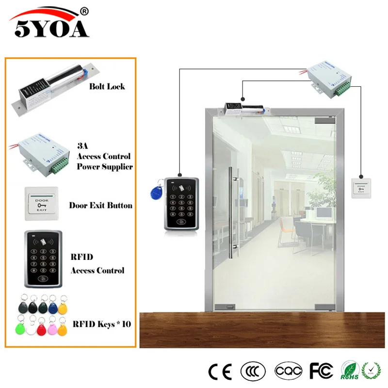 

RFID Access Control System Kit Wooden Glasses Door Set+Electric Magnetic Lock+ID Card Keytab+Power Supplier+Exit Button
