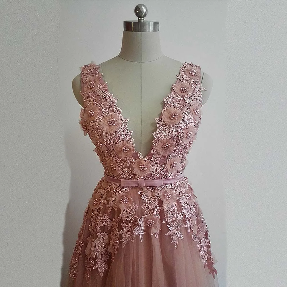 JIERUIZE Dusty Pink винтажные кружевные аппликации Длинные вечерние платья с жемчужным