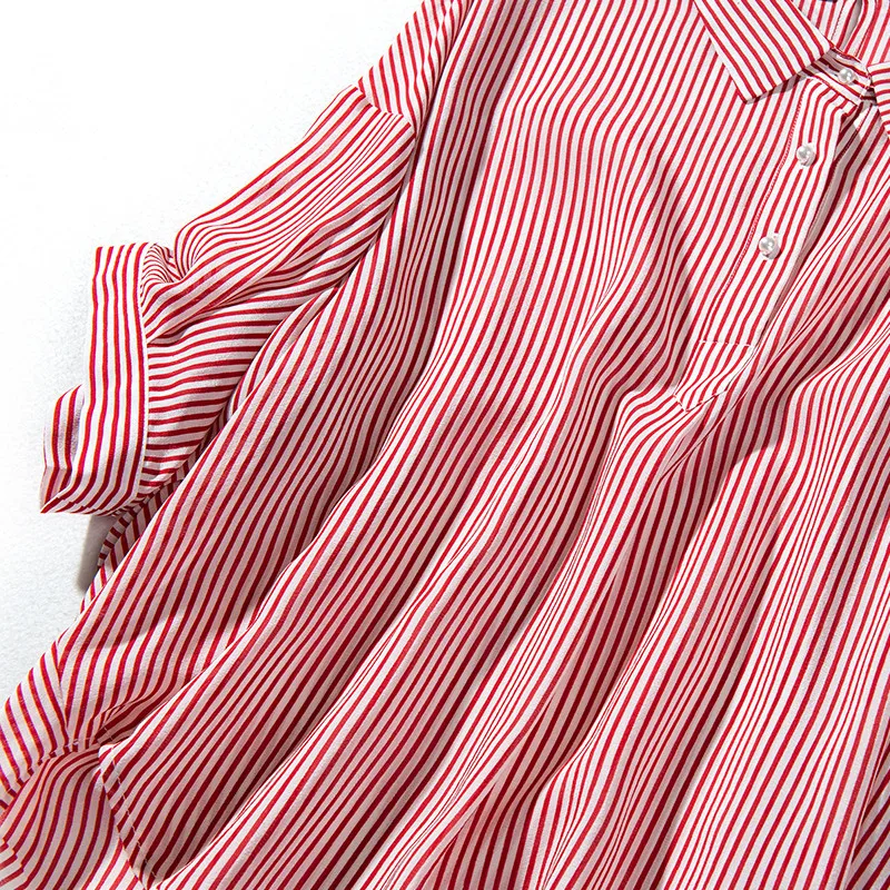 100% Silk Striped Printed New Fashion Womens Half Sleeve Blouses Casual 2 Colors Imitation pearl buckle 2019 |