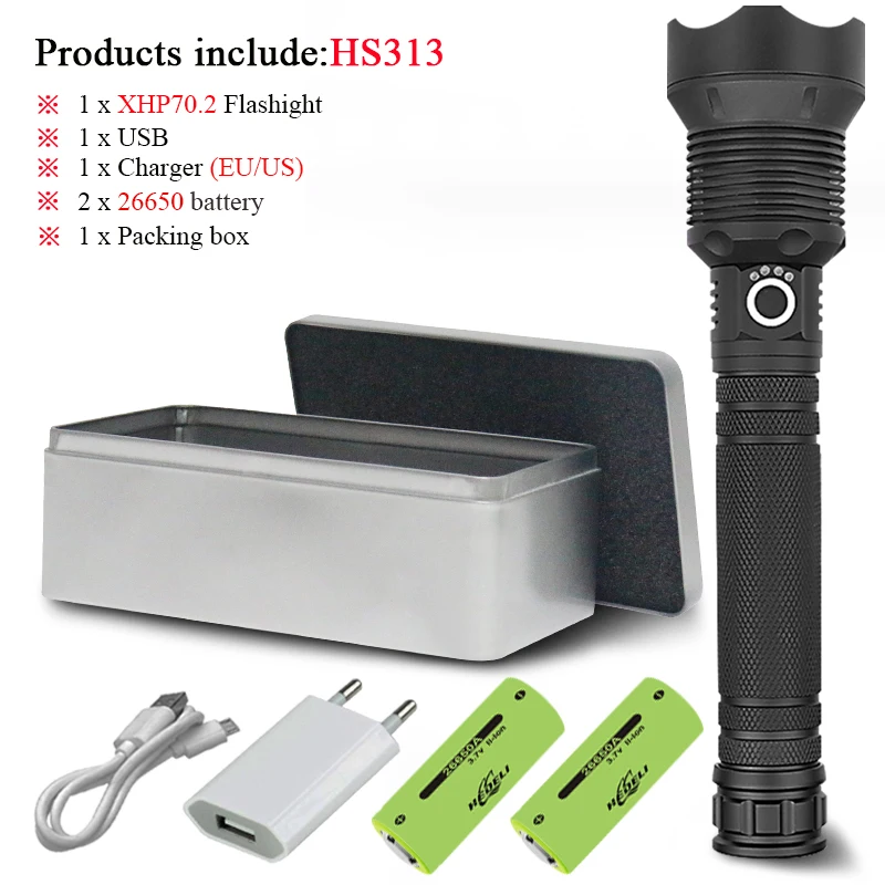 HS313D1-BOX Супер люменов XLamp xhp70.2 мощный светодиодный фонарик с увеличением светодиодный фонарь xhp70 xhp50 18650 26650 usb перезаряжаемый аккумулятор водонепроницаемый - Emitting Color: HS313D1-BOX