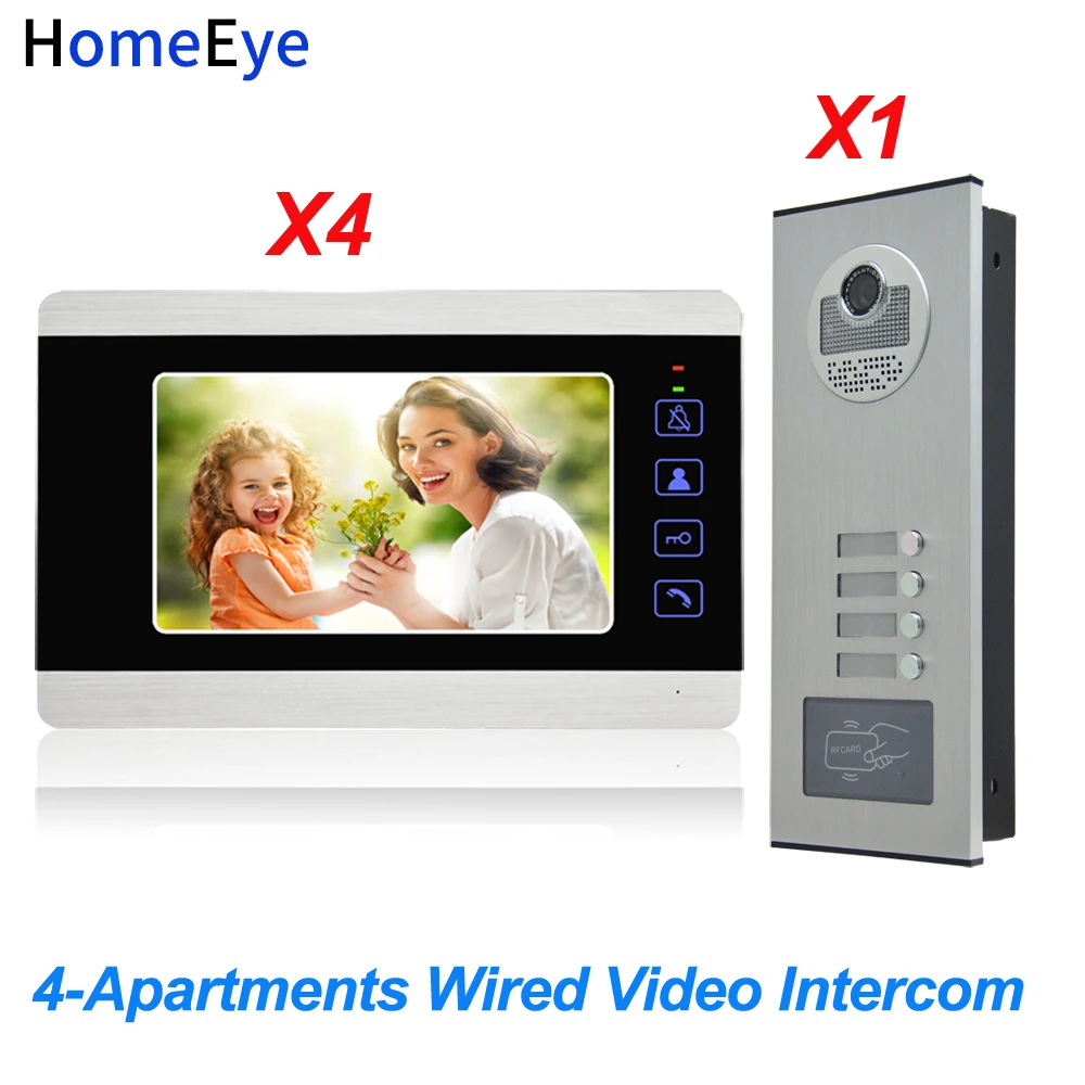 Homeeye 4 квартира дверной Звонок домой Система Контроля Доступа 7 ''4-проводной мульти-семьи видео-телефон двери внутренной связи Водонепроницаемый 1200TVL