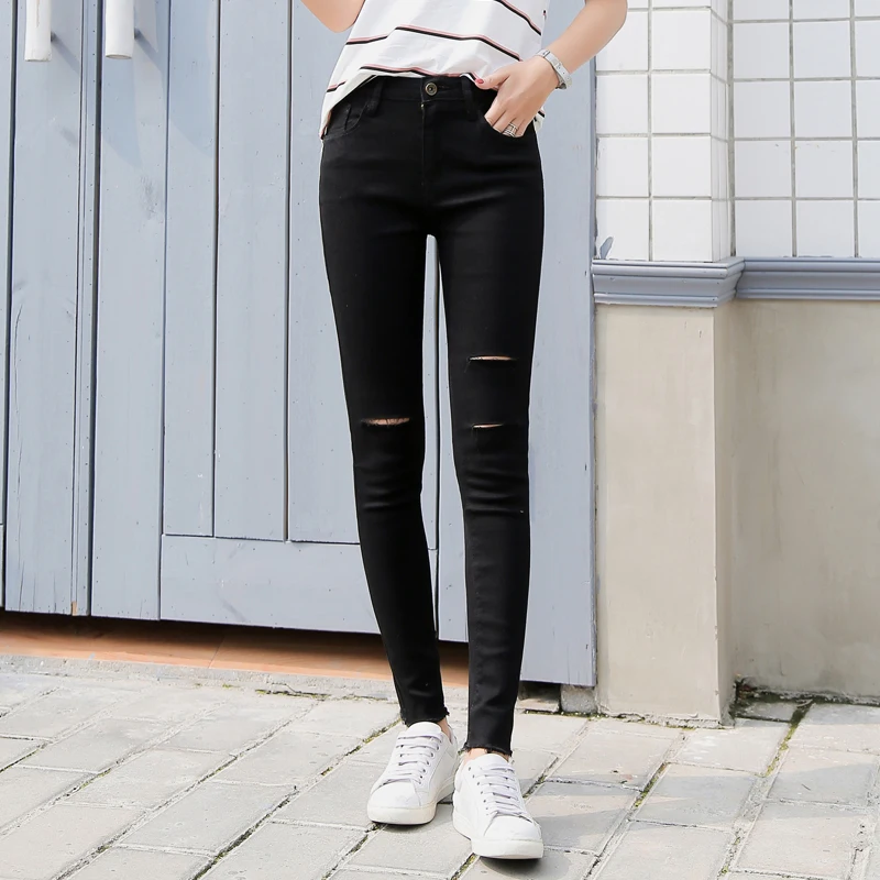 ZQLZ High Waist Ripped Autumn Jeans Women 2018 New Casual Elastic Black Denim Pencil Pants Woman Washed Ruched Trousers Mujer |