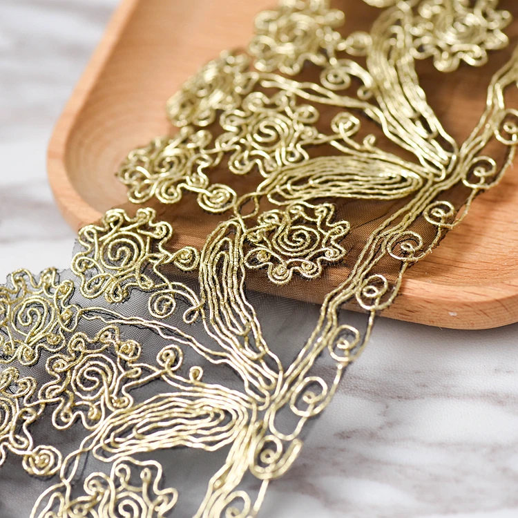 

LASUI 3 yards/1 lot Gold thread Black mesh Cord lace trim 3D flowers DIY Wedding dress skirt diy accessories decoration 0378