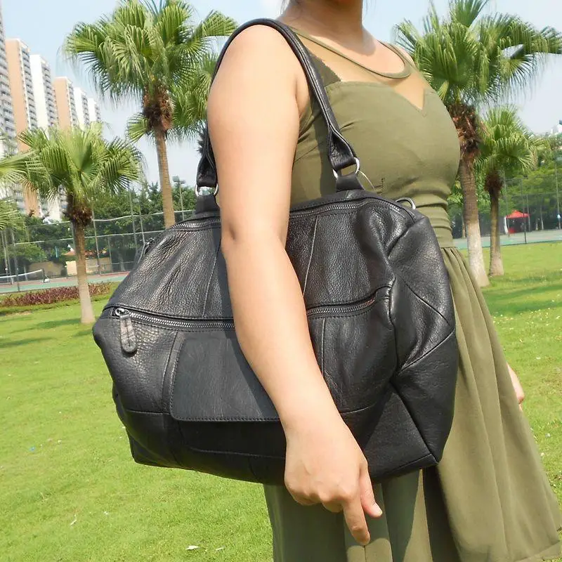 Большая Черная Женская сумка через плечо из натуральной кожи уникальная Сумочка