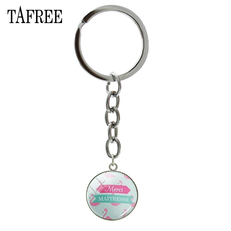 

TAFREE Merci MAITRESSE With Flamingo Fashion Keychain Novelty Teacher's Gift Key Chain Glass Key Ring Key Chain Car Jewelry MM64