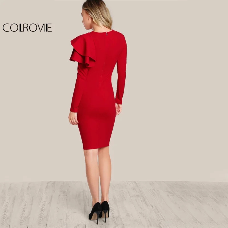 COLROVIE красное OL элегантное облегающее платье женское с одной стороны Многоуровневое платье с рюшами милое платье с длинным рукавом осеннее Новое сексуальное платье миди с круглым вырезом