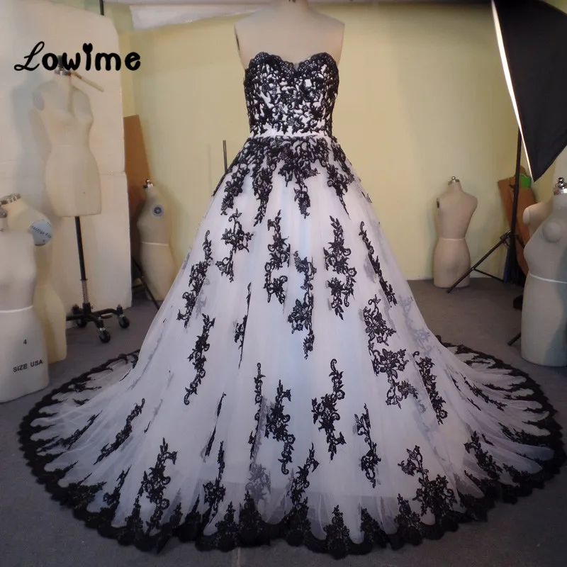 

Vestido De Noiva Sweetheart White And Black Wedding Dress Real Image Wedding Gowns With Black Lace Appliqued Robe De Mariage
