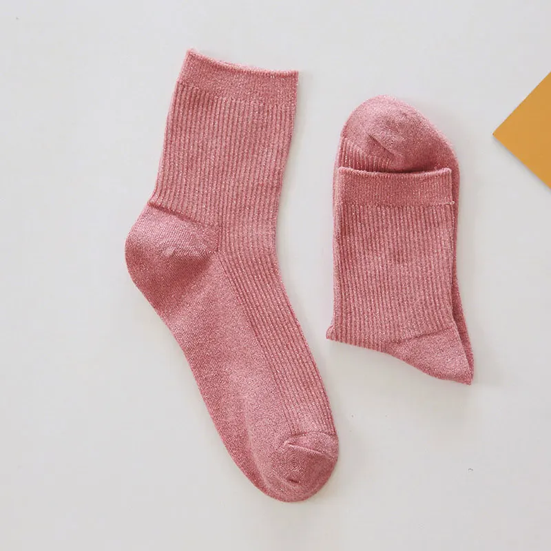 pink Японский стиль, хлопковые однотонные блестящие Женские Простые Носки, модные художественные складные женские студенческие толстые теплые носки, блестящие металлические носки - Цвет: pink