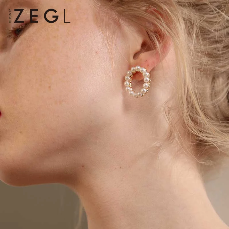 Женские корейские серьги ZEGL круглые для банкета открытые с искусственным