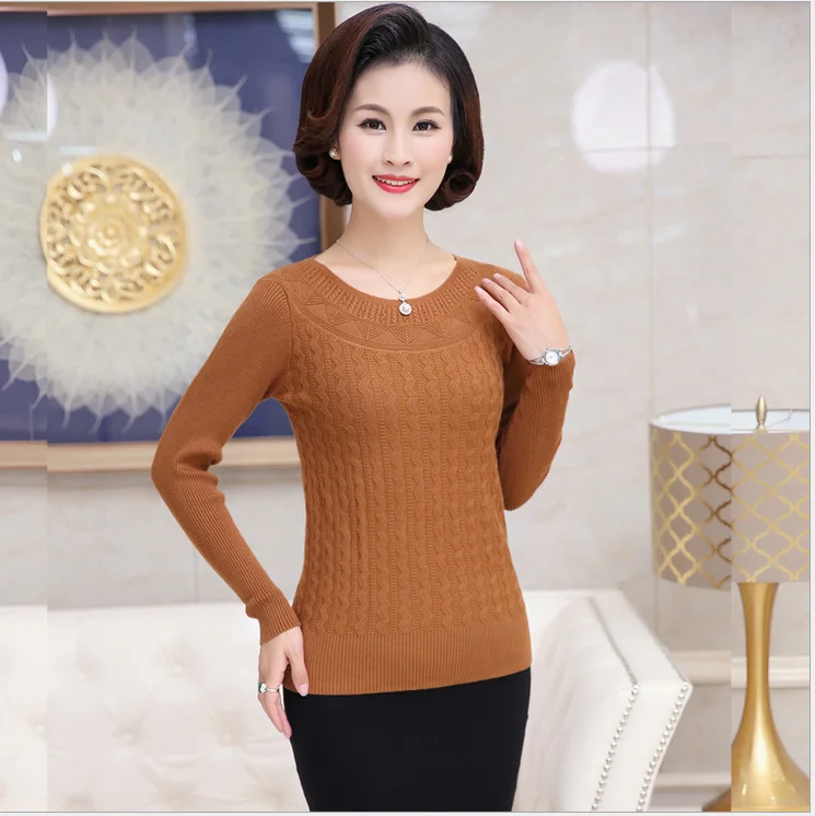 2018 Autumn New Middle-Aged Women Solid Color Pullover Sweater O- Neck Long Sleeve Slim Elasticity Mother Kniting Top T241 | Женская