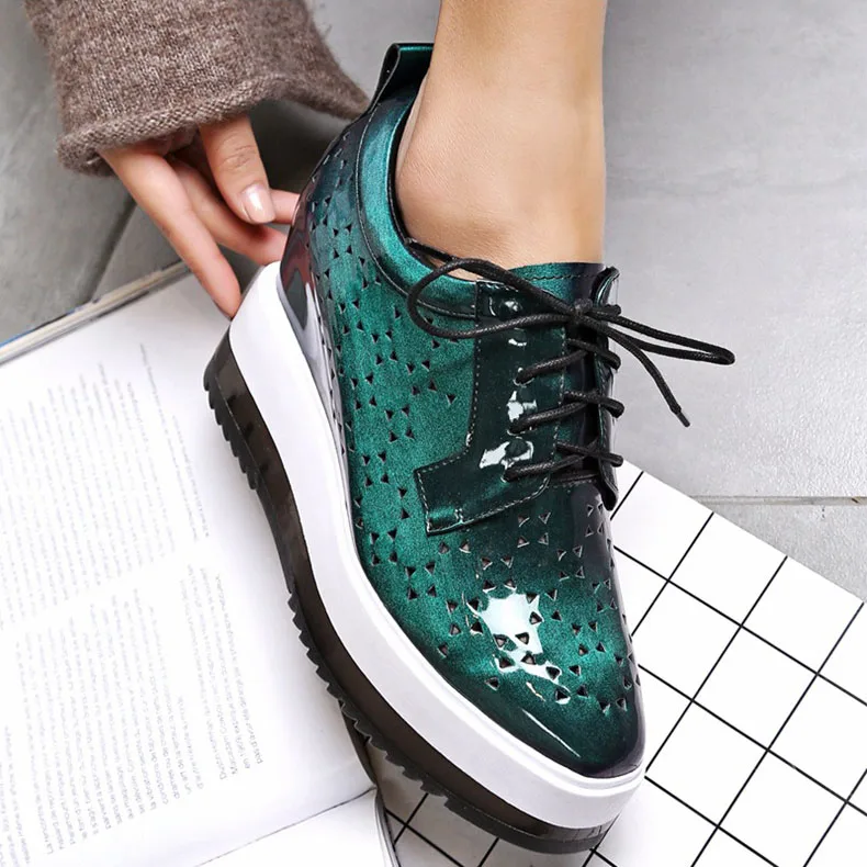 Hidden Heel Platform Shoes Women Square Toe Lace-Up Green Black Patent Leather Thick Soled Woman 2017 Spring New All Match | Обувь