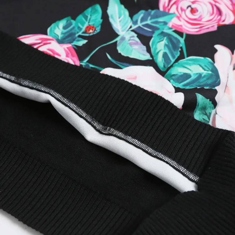 New Runway Fashion Designer Sweater Women's Elegant Rose Flower Printed Patchwork V Neck Casual Black Wool Top Shirts | Женская