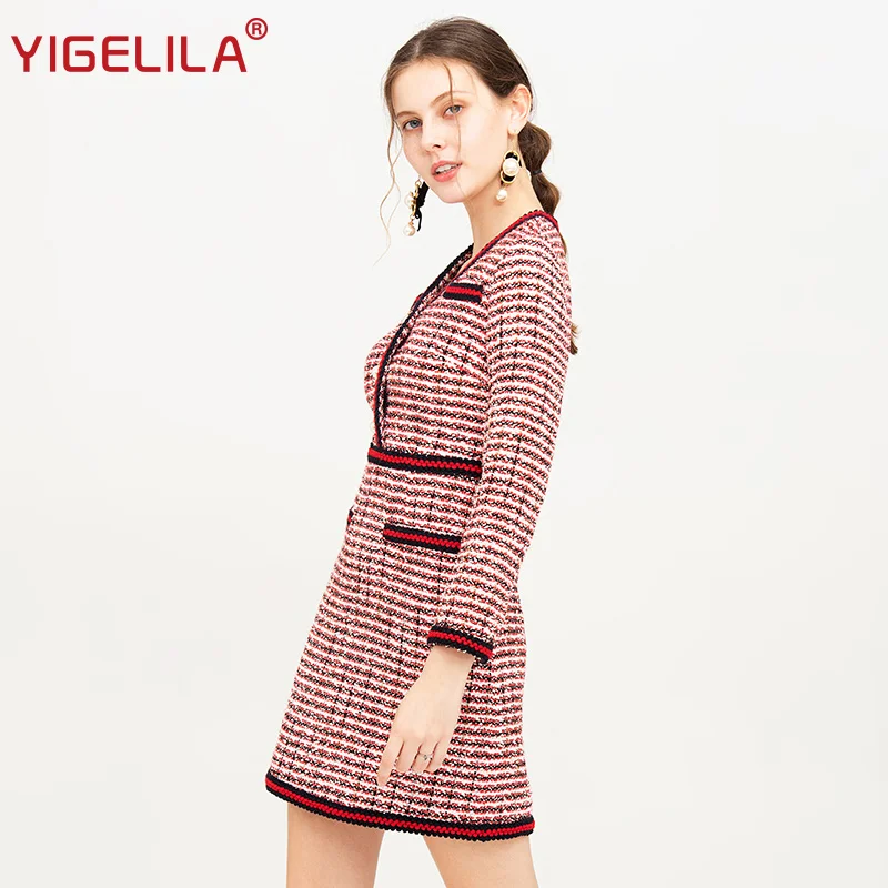 YIGELILA модное женское осеннее платье с V образным вырезом длинным рукавом