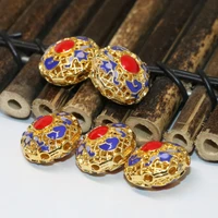 15mm top quality elegant round cloisonne accessoried spacers beads 5pcs gold color enamel carved flower diy jewelry b2388