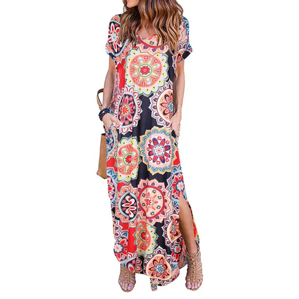 

Women's Casual Loose Pocket Long Dress Short Sleeve Split Maxi Dresses