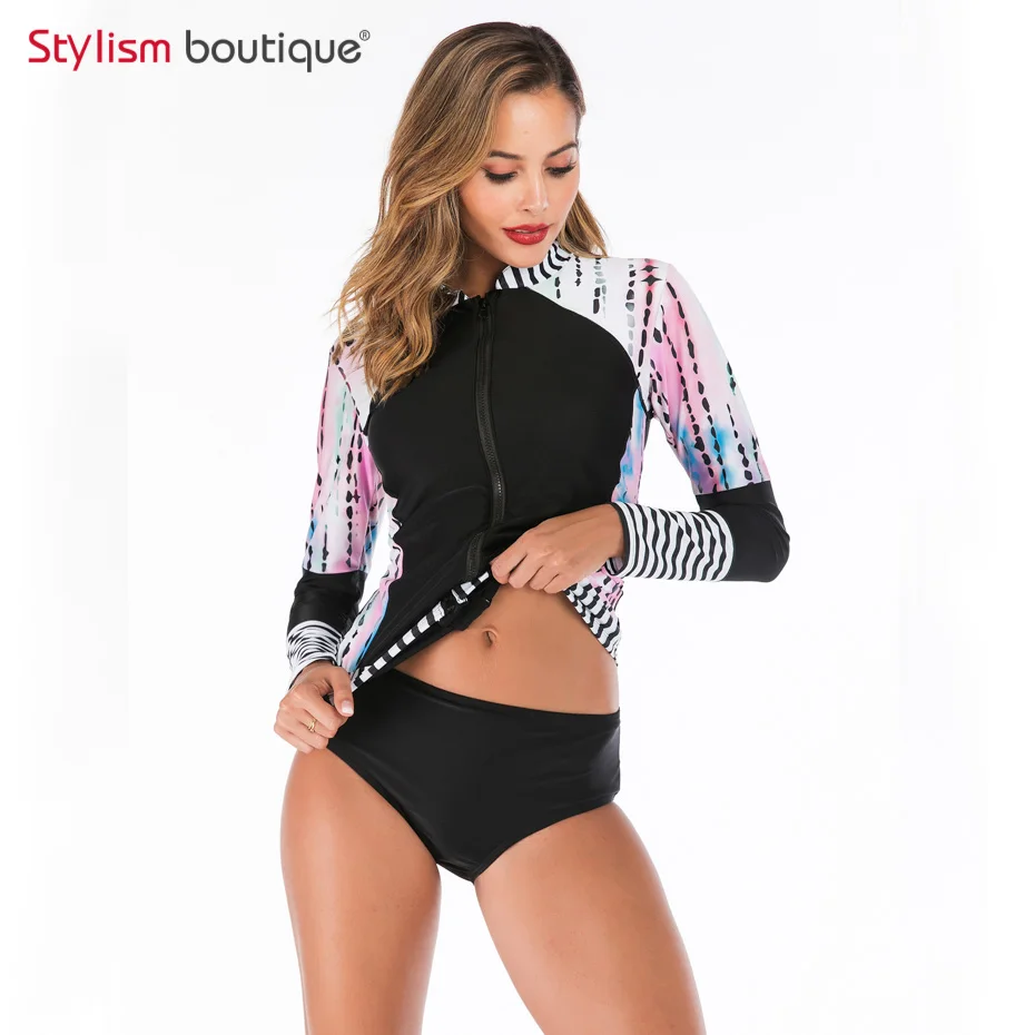 New Rashguard Padded Long Sleeve Swimsuit Surfing Rash Guard Women Two Piece Swimwear Separate Tankini Sport Bathing Suit