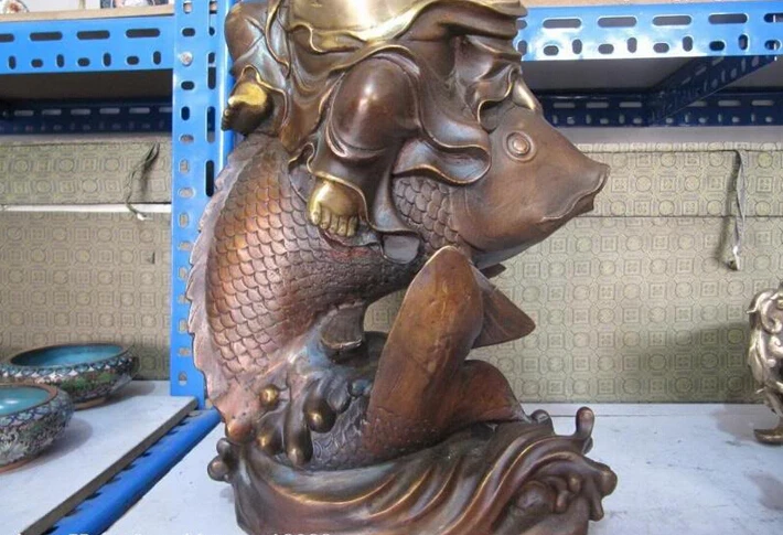 150401 S0650 17&quotChina classic Bronze Copper Lucky Happy Maitreya Buddha Ride on Fish Statue | Дом и сад