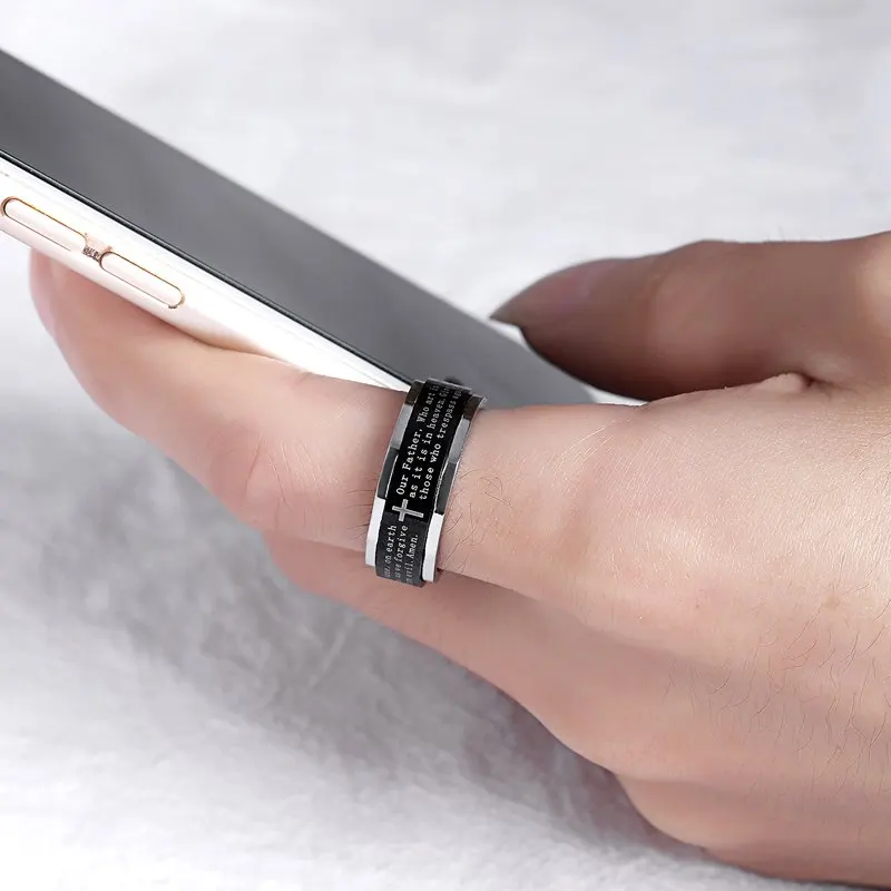Fate Love Rotating Ring Men Jewelry Vintage Black Bible Cross Rings Stainless Steel Party Anillos Titanium Mens Jewellery | Украшения и