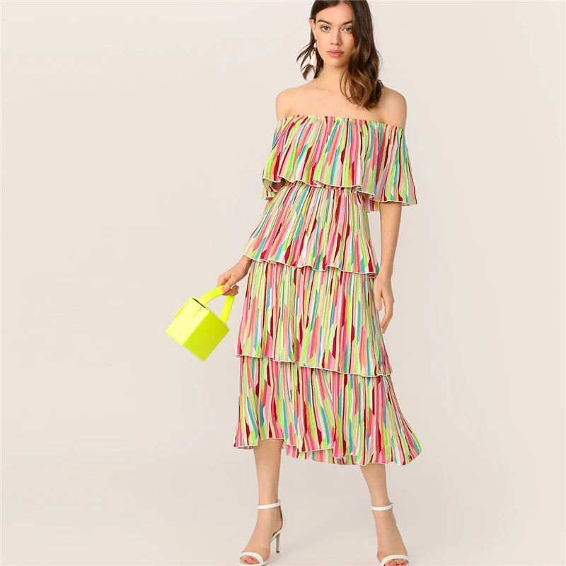 SHEIN летнее платье в разноцветную полоску, с открытыми плечами, с многослойной оборкой, женские элегантные вечерние платья