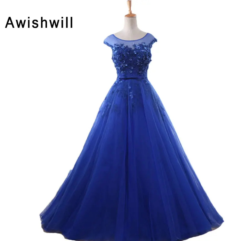 

Королевский синий Длинные платья для выпускного вечера 2020 новое платье из тюля с кружевной аппликацией и рукавом-крылышком винтажное вечер...