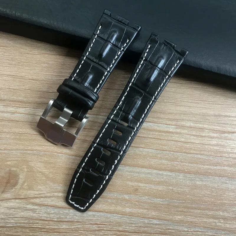 28mm*22mm(buckle) Black With White Yellow stitches Red Blue Genuine leather watchband for AP Watch Strap men bracelet