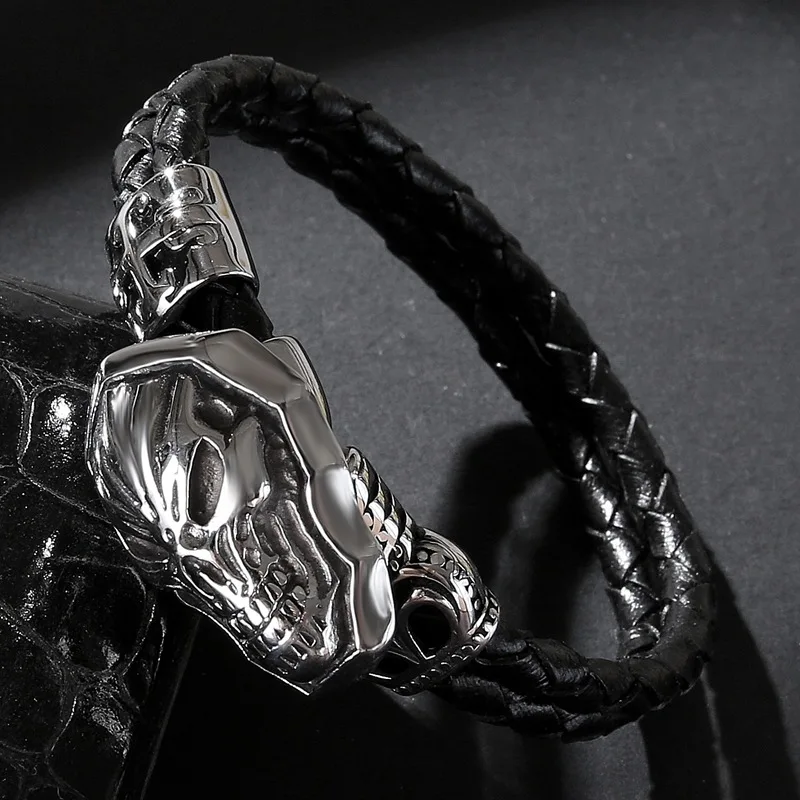 2018 мужские ювелирные изделия панк череп черный плетеный двухрядный браслет из