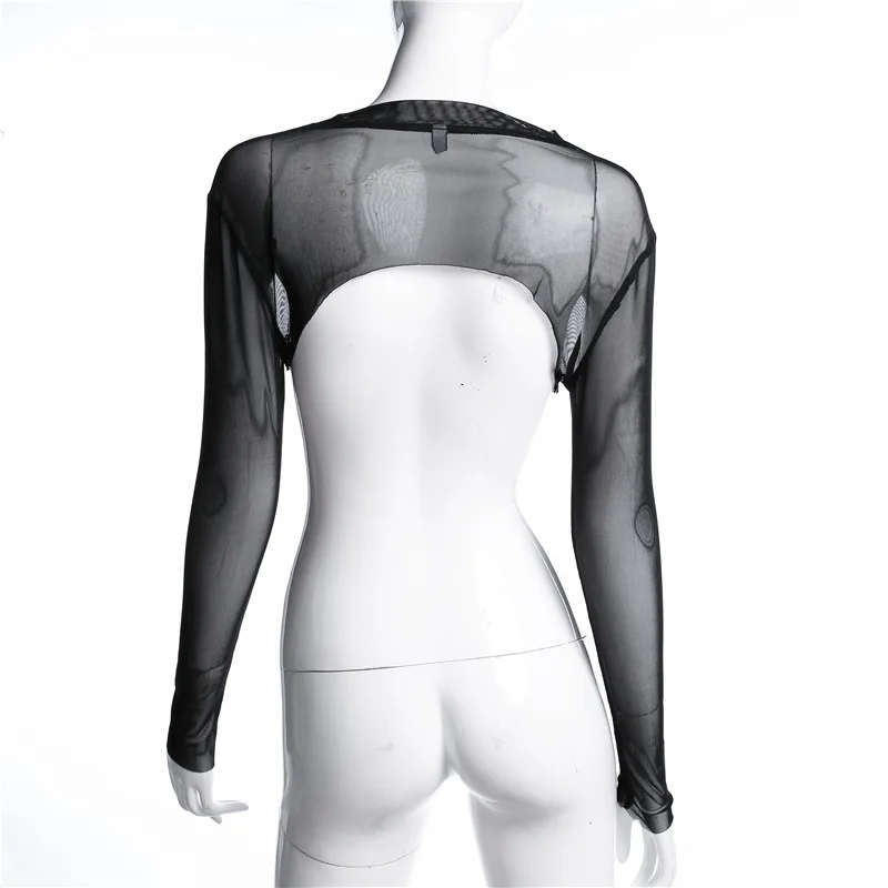 NuoJin Mesh Crop Top Для женщин топы See Through с длинным рукавом футболки для выдалбливают