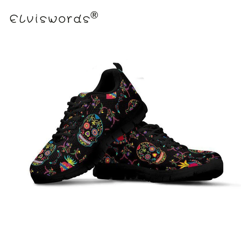 ELVISWORDS/Женская обувь на плоской подошве; кроссовки на шнуровке с изображением сахарного черепа; женская обувь для медсестры; прогулочная обувь для взрослых; sapato feminino