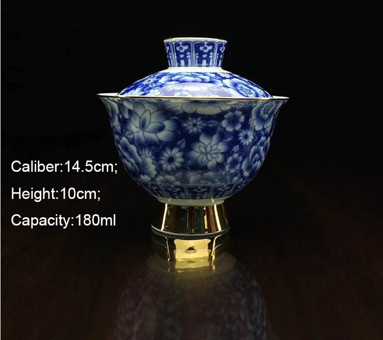 Китайский традиционный синий и белый позолоченный керамический фарфор Gaiwan