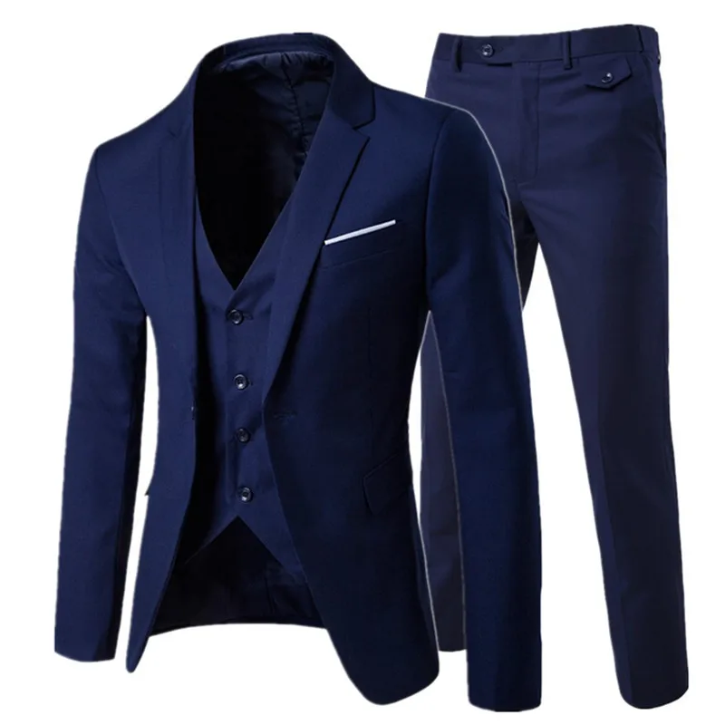 Navy blue 3 pieces Роскошный мужской костюм из 3 предметов, мужской свадебный тонкий повседневный деловой мужской костюм, Большой размер, Мужская праздничная одежда, платье жениха, S-6XL - Цвет: Navy blue 3 pieces