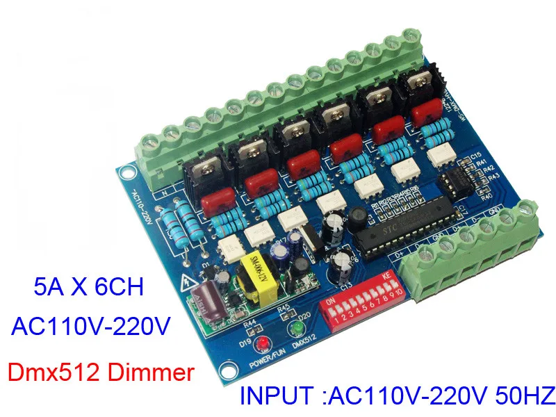 

AC110V-220V High voltage 50HZ 6 channels Dimmer 6CH DMX512 LED Decoder DMX 5A/CH led dimmer board For led Stage light lamp